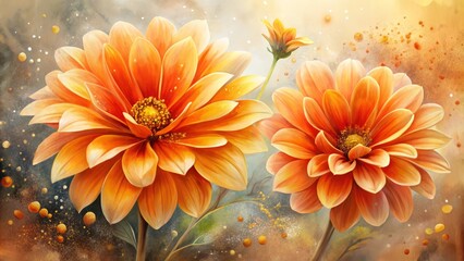 Fototapeta premium Vibrant orange watercolor flower blooms on a soft, textured background, petals delicately unfolding, surrounded by gentle splashes of color, evoking whimsy and warmth.