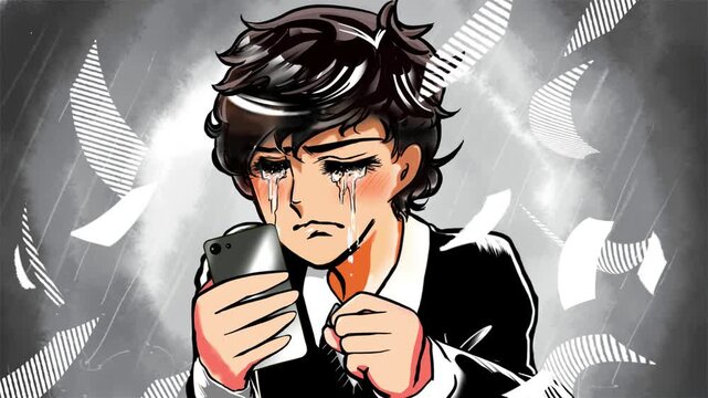 株価大暴落スマホを手に大泣きする少女漫画男子のアニメ（大雨背景）