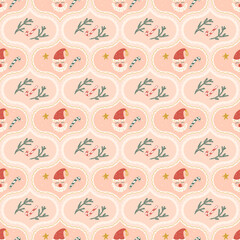 Merry Christmas damask seamless pattern. Santa Claus and pine branch repeat background. Happy New Yea retro endless design. Vector hand drawn flat illustration.
