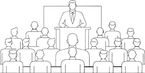 continuous single line drawing of keynote speaker and audience at business conference, line art vector illustration