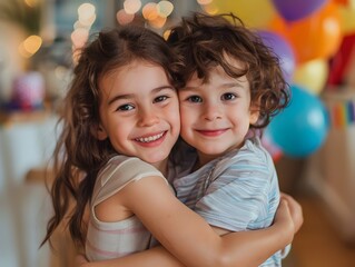 Joyful Siblings Embracing at Vibrant Birthday