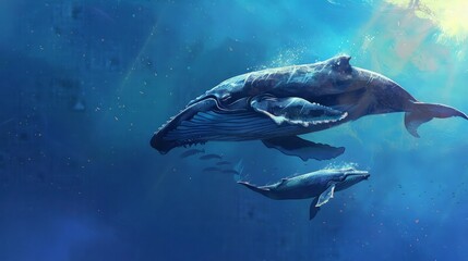 Fototapeta premium Humpback Whale Mother and Calf in the Blue
