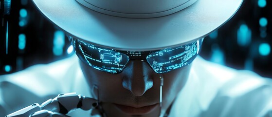 Visualize a panoramic view of a sleek hacker in a white hat, utilizing digital techniques to depict the essence of White Hat Hacking