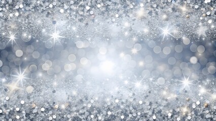 Elegant silver and white glitter sparkle confetti background border for a happy birthday, anniversary, winter, or Christmas background. The texture of the brilliant snow for the New Year's postcard.