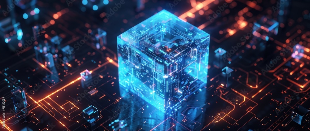 Poster digital cube, a 3d rendering of a cube with glowing blue circuits