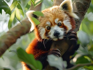Obraz premium Adorable Red Panda Climbing a Lush Green Tree Surrounded by Leaves