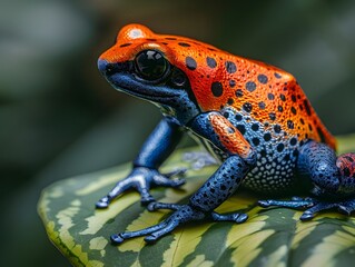 Obraz premium Vibrant Poison Dart Frog Perched on Lush Leaf in Tropical Jungle Environment