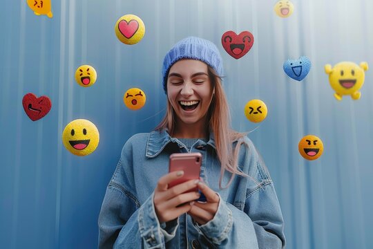 Woman holding a phone, emoticons, reactions and messages around the phone. Generative AI