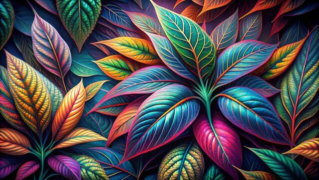 Vibrant, swirling patterns of a psychedelic plant's leaves and stems mesmerize against a dark background, evoking a sense of trippy, surreal wonder and natural beauty.