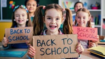A group of children holding back to school signs in a classroom, AI
