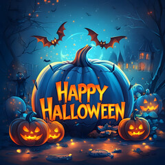 Fototapeta premium Halloween text background with graveyard scary spooky castle forest ghost Happy Halloween celebration