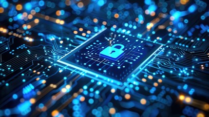 Obraz premium A vivid depiction of a smart lock intertwined with blockchain technology, showcasing the paramount importance of cybersecurity and digital protection in the dynamic landscape of modern business ecosys