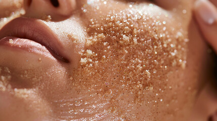 Fototapeta premium Close-up of a gentle exfoliating scrub being massaged into the skin, showing the granules and skin glow