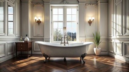 Vintage clawfoot tub stands alone in a spacious, well-lit bathroom with white walls, dark wood floor, and elegant fixtures, evoking luxury and relaxation.