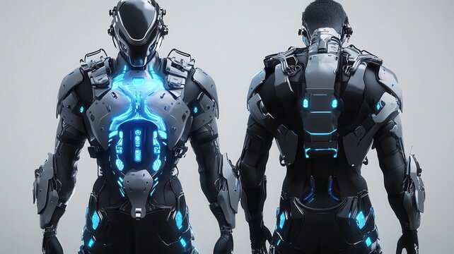 An advanced exoskeleton suit designed for rehabilitation, seamlessly merging with the human body, futuristic design with glowing blue accents