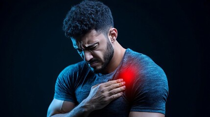 Man holding his chest in pain with a grim expression on his face highlighting shoulder discomfort
