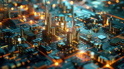 Cityscape Built on a Circuit Board