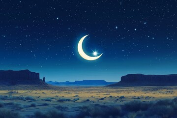 Crescent Moon and Star Desert Night Islam Religion Spiritual Symbol - Generative AI