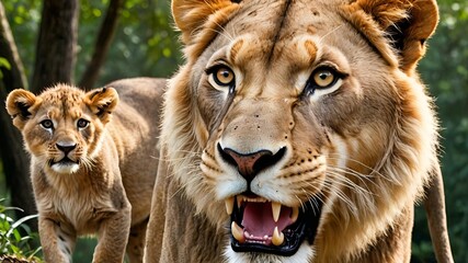 Fototapeta premium Lion and Cub - Powerful Wildlife Photography in African Safari