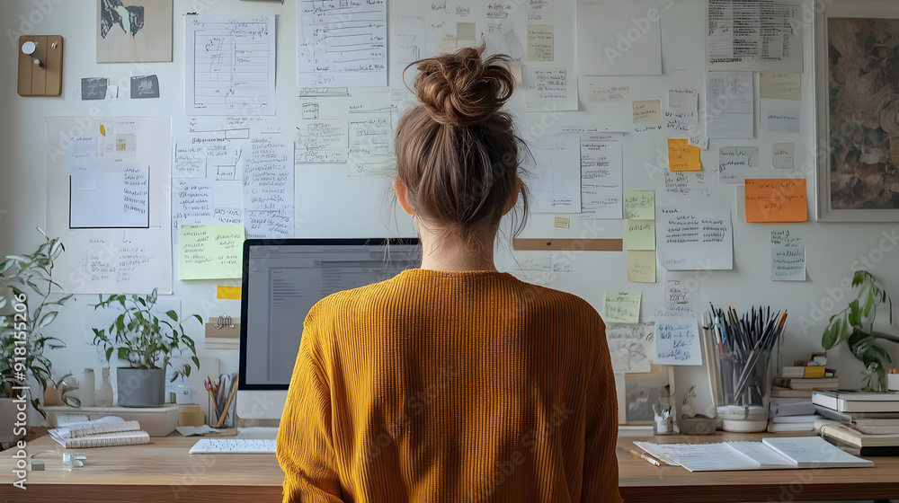 Poster woman working at a desk with a computer and notes.