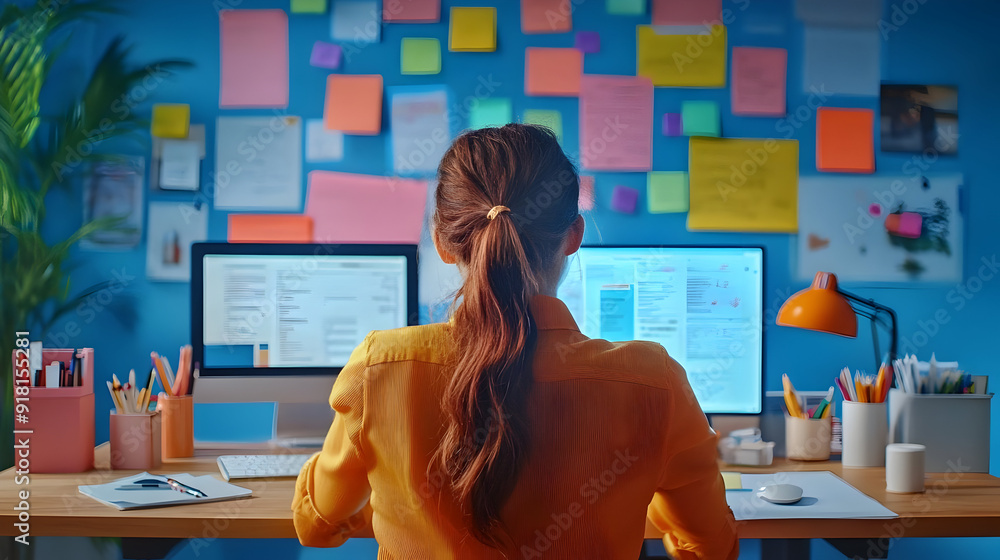 Poster woman working at desk with computer and sticky notes.