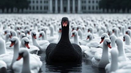 A black swan amid a crowd of white swans, in front of a government building, illustrating an unexpected political event 