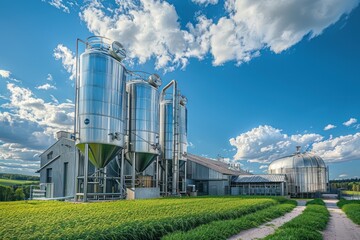 Industrial Complex with Silos and Blue Sky
