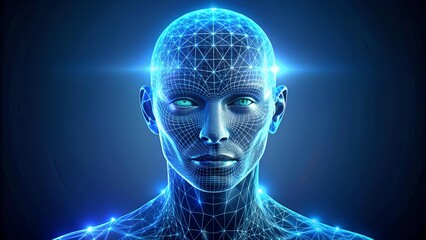 A Futuristic Human Head Model with a Glowing Blue Outline Against a Dark Background, Symbolizing Advanced Technology and AI  generative AI