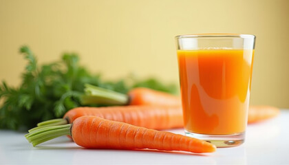 A glass of carrot juice next to carrots.
