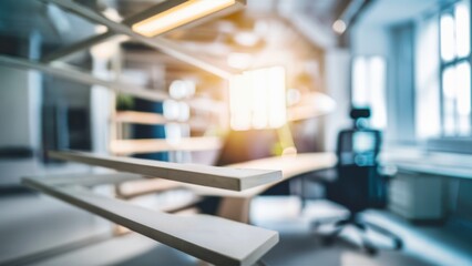 A blurry photo of a desk and chair in an office, AI