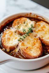bowl of rich French onion soup with caramelized onions and topped with crispy, cheesy baguette slices, garnished with fresh thyme