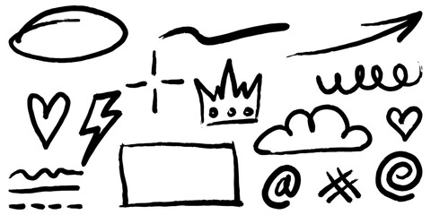 Bold brush Hand drawn doodle style collection of heart, scribble, star, spirals, sparkles, crown, lightning, and emphasis element. use for concept design.