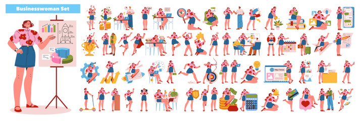 young businesswoman set. Flat Vector Illustration