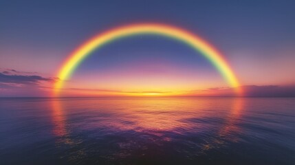 A captivating rainbow arcs over a tranquil sea at sunset, creating a serene and colorful landscape for peaceful reflections.