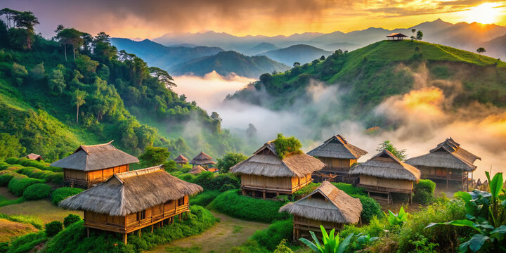 Vibrant traditional Naga tribal houses stand amidst lush green hills and misty fog in a serene and remote Nagaland village landscape at dawn.