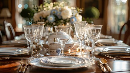 An elegant dining table setting with crystal glassware