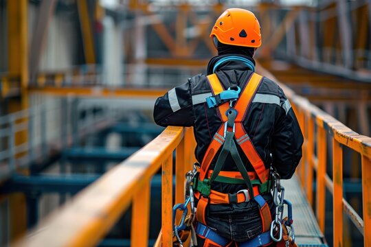 Worker using a harness on a high platform, occupational safety, fall prevention