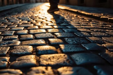 Shadow of feet on cobblestone street, evening mystery, Hidden feet, twilight journey