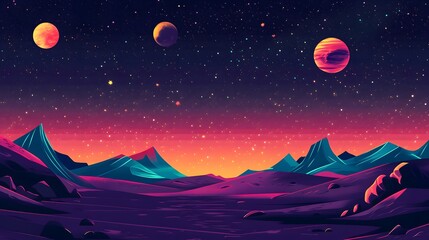 Fototapeta premium 7. A retro-inspired space scene with planets, stars, and a distant galaxy