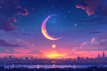 Fototapeta premium Crescent Moon and Star Urban Twilight Islam Religion Spiritual Symbol - Generative AI