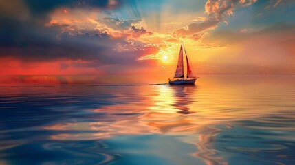 Sailboat at Sunset with Golden Reflections