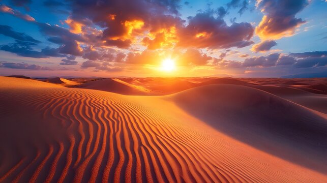 13. A peaceful desert landscape with rolling sand dunes and a brilliant sunset