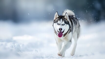 Naklejka premium Husky Running in Snowy Forest