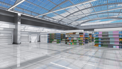Sales area of the store with shelving, display of goods and a vaulted transparent roof overlooking the sky with clouds. 3d illustration
