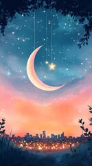 Naklejka premium Crescent Moon and Star Urban Twilight Islam Religion Spiritual Symbol - Generative AI