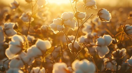 Fototapeta premium Cotton field at sunrise. Beautiful nature landscape with cotton flowers.