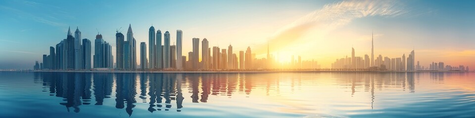 Obraz premium Panoramic view of a modern city skyline at sunrise, A city skyline is reflected in the water. 