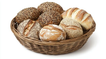 Assorted bread rolls on a white background, perfect for bakery or food display Generative AI