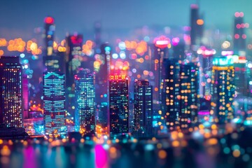A vibrant city skyline with miniature skyscrapers and lights, viewed through the tilt-shift effect. 