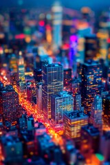 A vibrant city skyline with miniature skyscrapers and lights, viewed through the tilt-shift effect. 